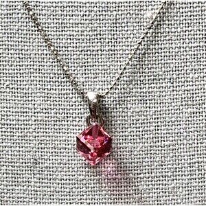 Charming Charlie Pink Crystal Necklace Cube Silver Tone 16" October Birthstone